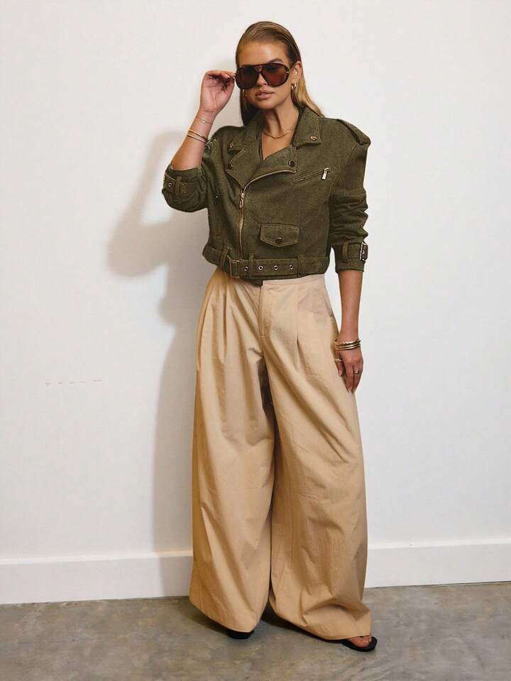 CM-CS927391 Women Elegant Seoul Style Cropped Denim Biker Jacket With Gold Trim Details - Army Green