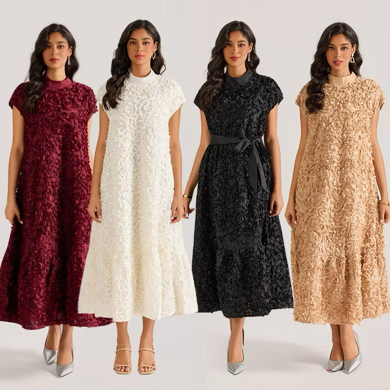 CM-DY064875 Women Elegant European Style Floral Stand Collar Sleeveless Belted Long Dress (Available in 4 colors)