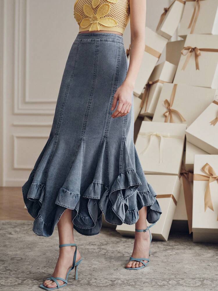 CM-BS607951 Women Elegant Seoul Style High Waist Asymmetric Fishtail Long Denim Skirt - Blue