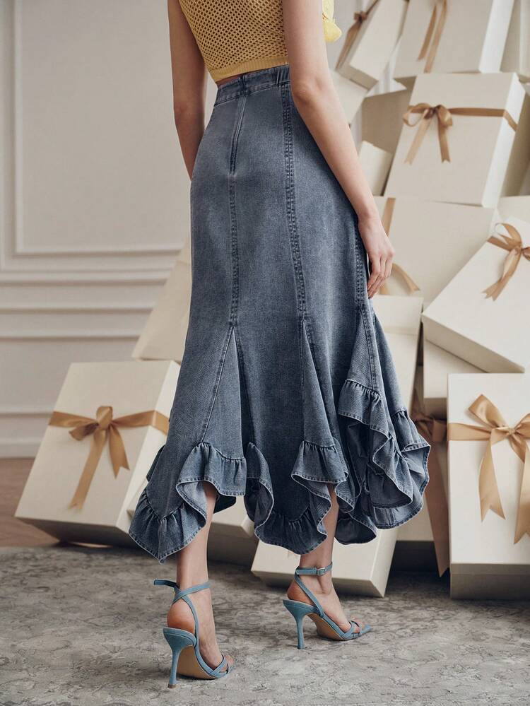 CM-BS607951 Women Elegant Seoul Style High Waist Asymmetric Fishtail Long Denim Skirt - Blue