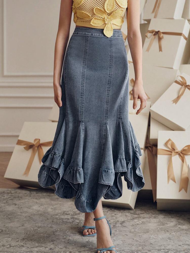 CM-BS607951 Women Elegant Seoul Style High Waist Asymmetric Fishtail Long Denim Skirt - Blue