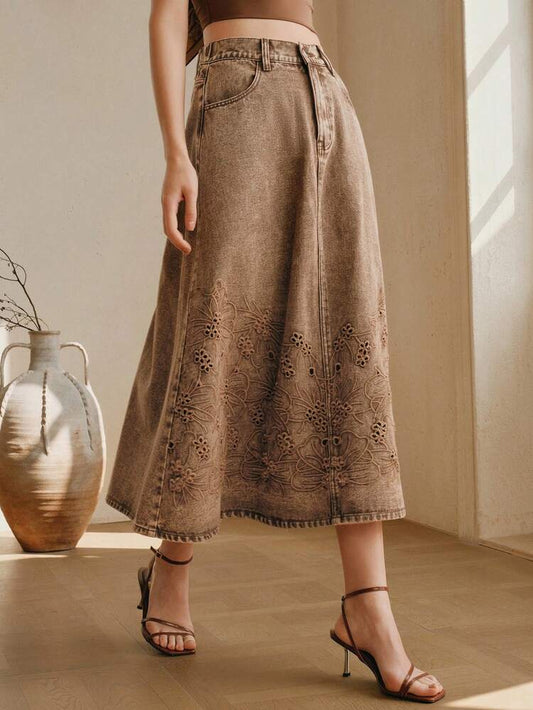 CM-BS284747 Women Elegant Seoul Style High Waist Hollow Embroidered A-Line Denim Skirt - Khaki