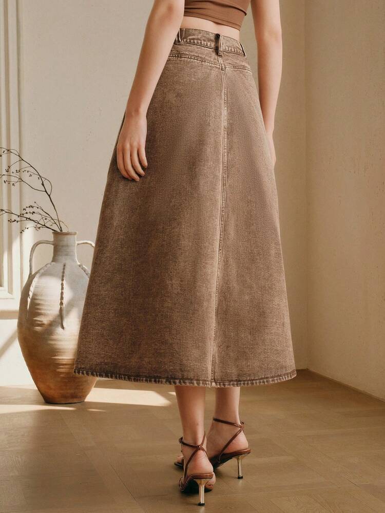 CM-BS284747 Women Elegant Seoul Style High Waist Hollow Embroidered A-Line Denim Skirt - Khaki