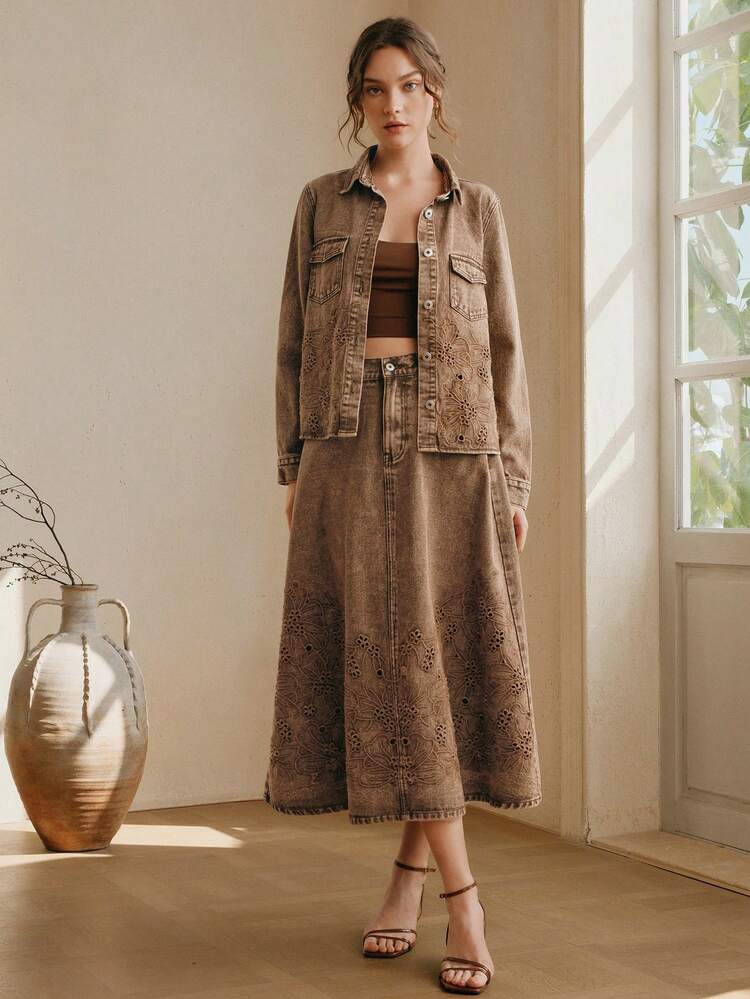 CM-BS284747 Women Elegant Seoul Style High Waist Hollow Embroidered A-Line Denim Skirt - Khaki