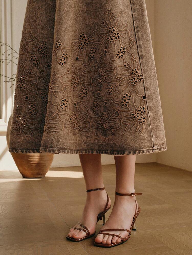 CM-BS284747 Women Elegant Seoul Style High Waist Hollow Embroidered A-Line Denim Skirt - Khaki