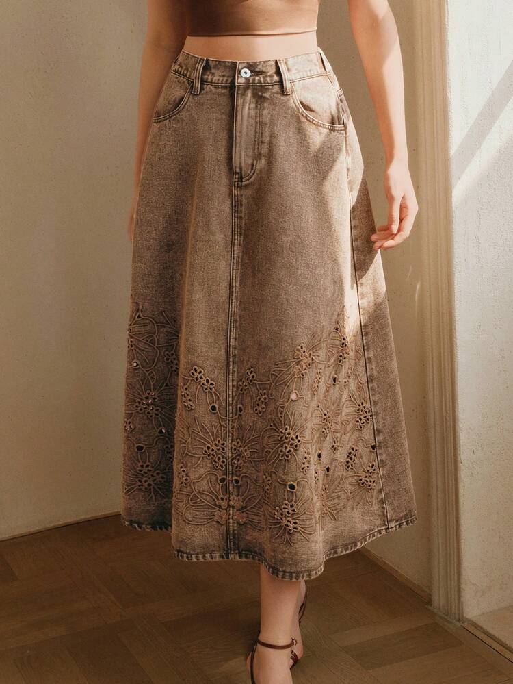 CM-BS284747 Women Elegant Seoul Style High Waist Hollow Embroidered A-Line Denim Skirt - Khaki