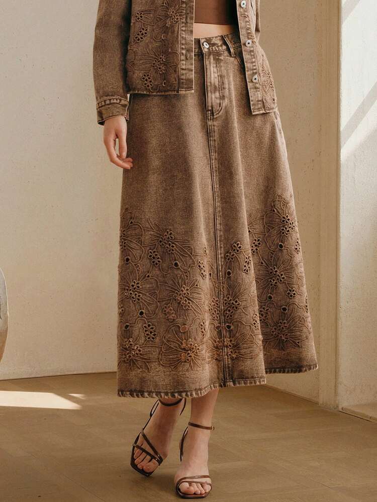 CM-BS284747 Women Elegant Seoul Style High Waist Hollow Embroidered A-Line Denim Skirt - Khaki
