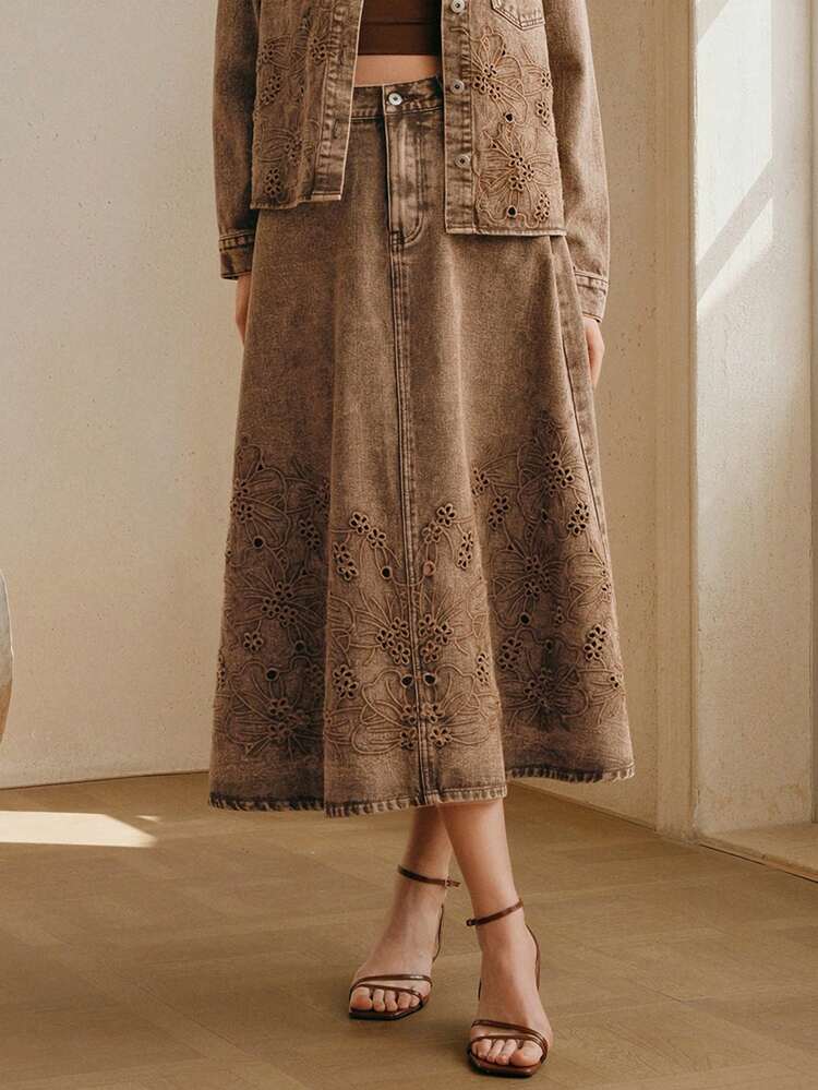 CM-BS284747 Women Elegant Seoul Style High Waist Hollow Embroidered A-Line Denim Skirt - Khaki