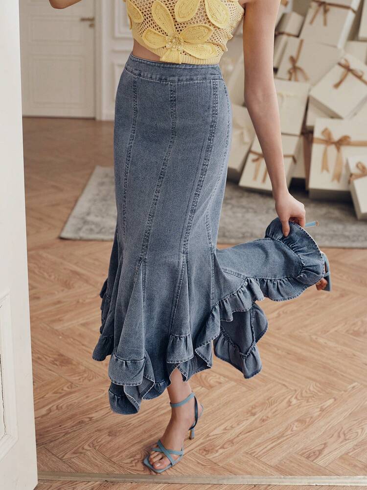 CM-BS607951 Women Elegant Seoul Style High Waist Asymmetric Fishtail Long Denim Skirt - Blue