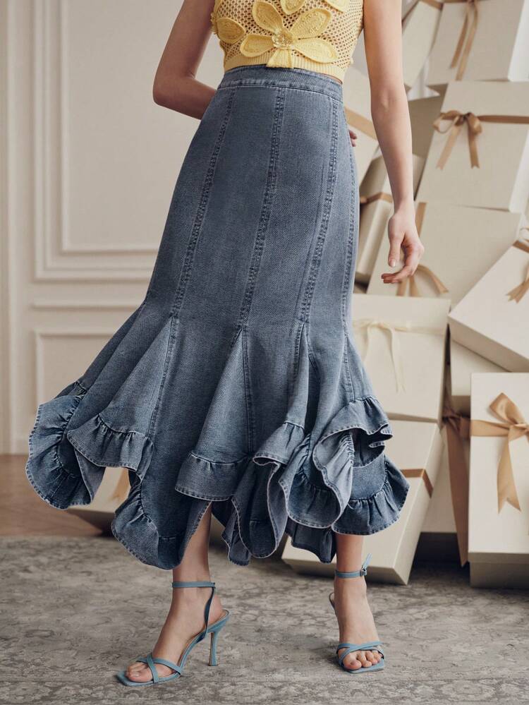 CM-BS607951 Women Elegant Seoul Style High Waist Asymmetric Fishtail Long Denim Skirt - Blue
