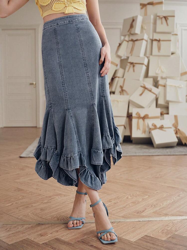 CM-BS607951 Women Elegant Seoul Style High Waist Asymmetric Fishtail Long Denim Skirt - Blue