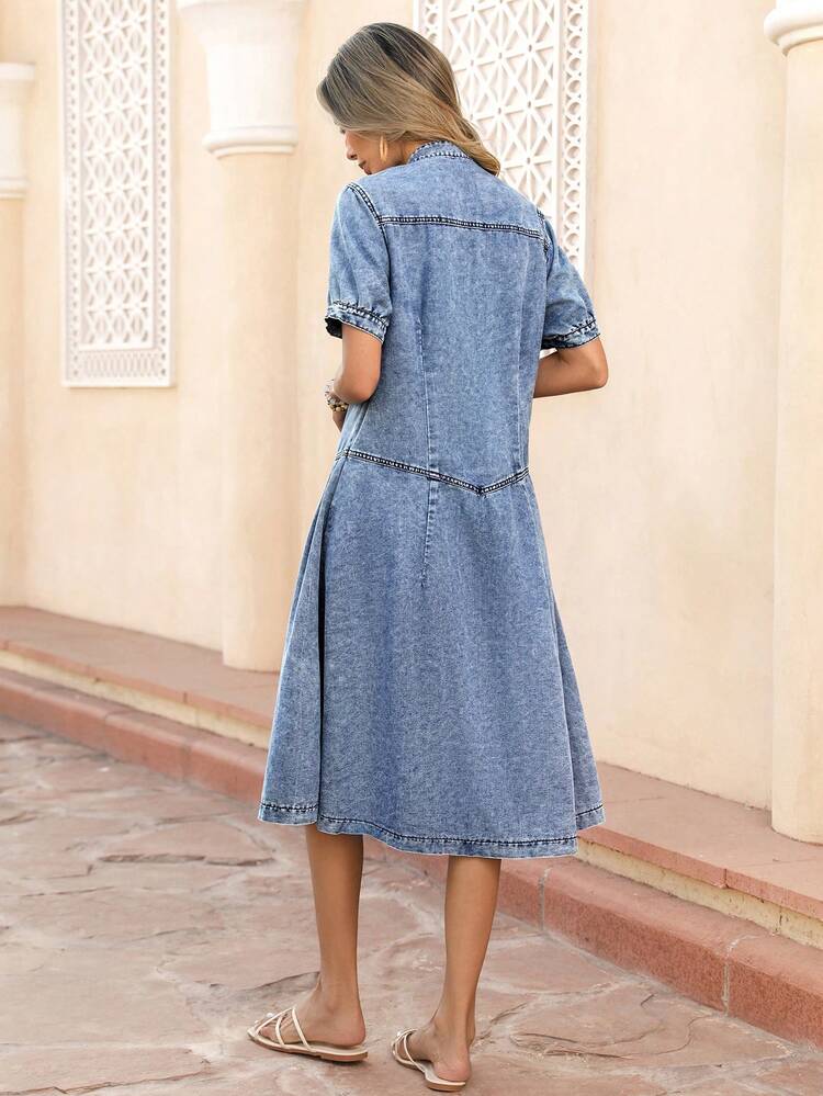 CM-DS778232 Women Casual Seoul Style Medium Wash Notch Neck Roll Up Sleeve Pleated Loose Denim Dress