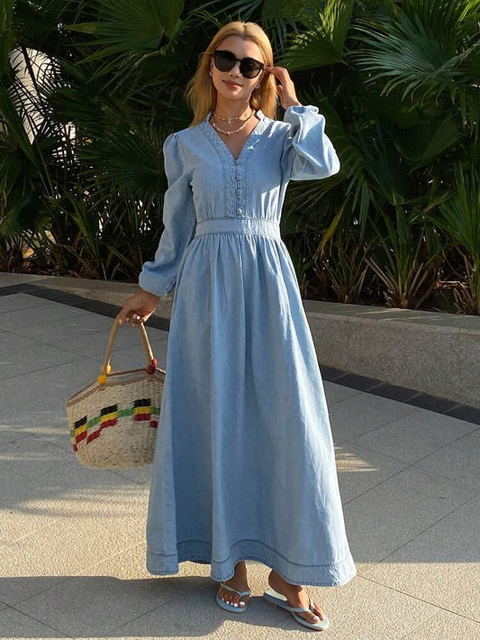 CM-DS767747 Women Casual Seoul Style V-Neck Puff Sleeve Waist Cinched Denim Dress - Blue