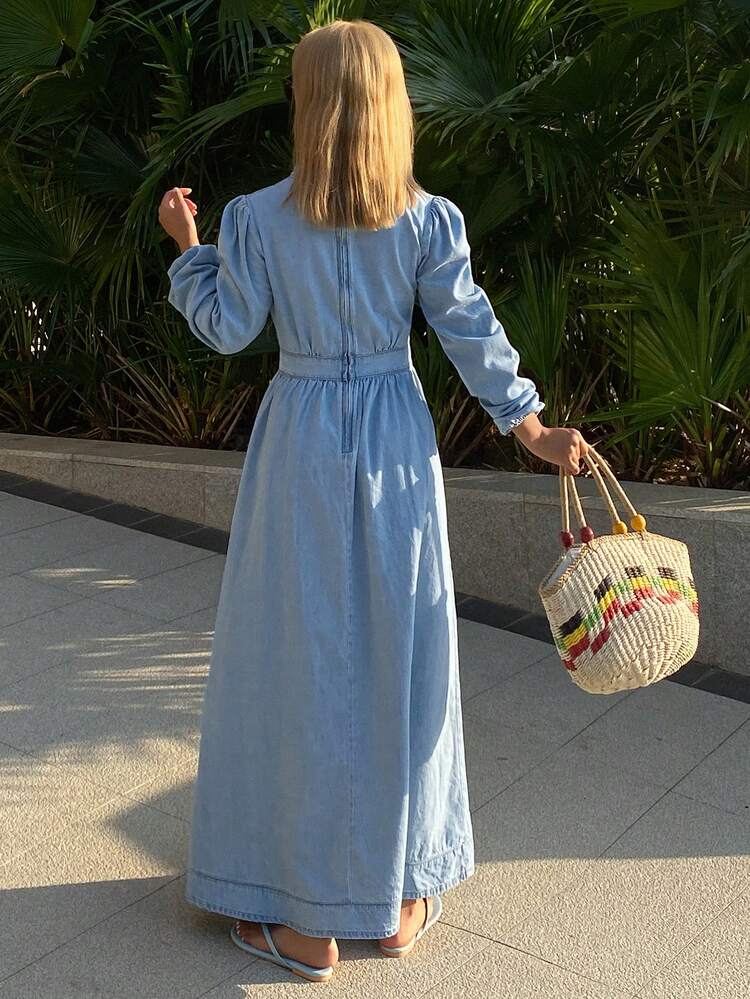 CM-DS767747 Women Casual Seoul Style V-Neck Puff Sleeve Waist Cinched Denim Dress - Blue