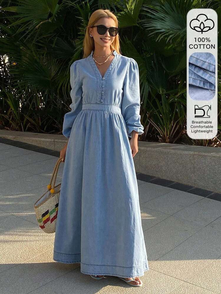 CM-DS767747 Women Casual Seoul Style V-Neck Puff Sleeve Waist Cinched Denim Dress - Blue