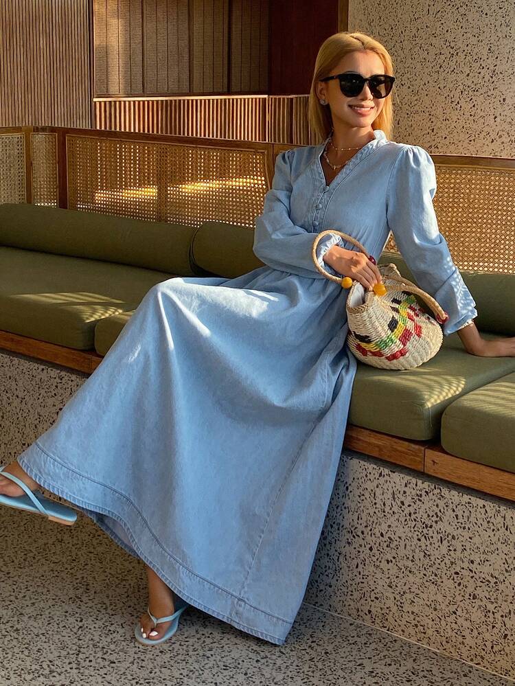 CM-DS767747 Women Casual Seoul Style V-Neck Puff Sleeve Waist Cinched Denim Dress - Blue