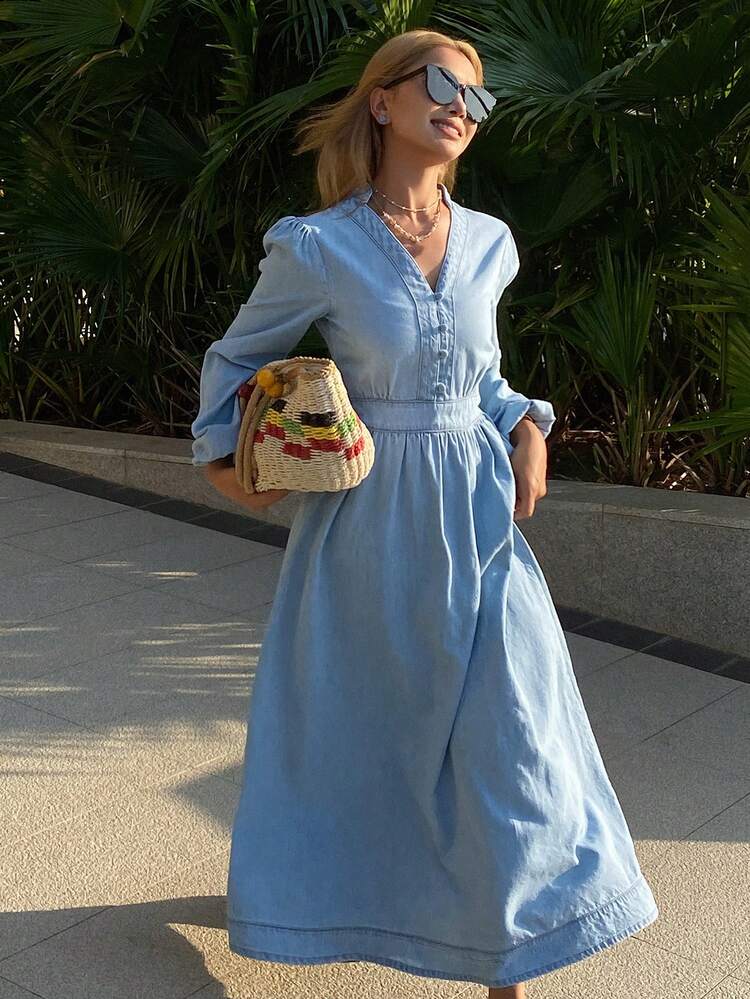 CM-DS767747 Women Casual Seoul Style V-Neck Puff Sleeve Waist Cinched Denim Dress - Blue