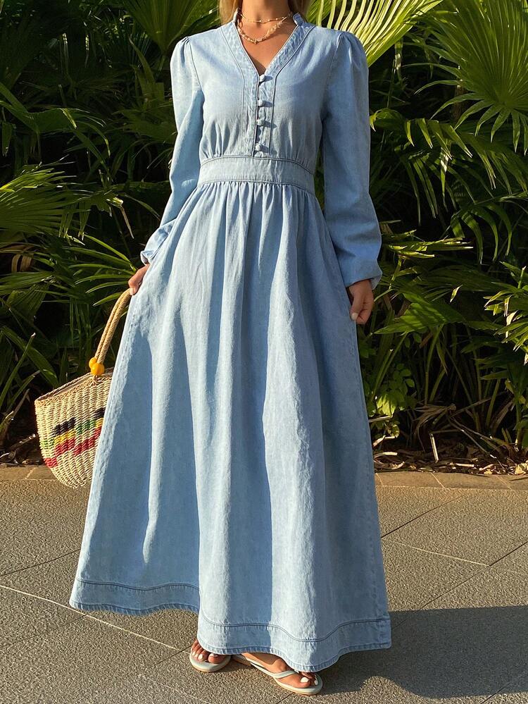 CM-DS767747 Women Casual Seoul Style V-Neck Puff Sleeve Waist Cinched Denim Dress - Blue