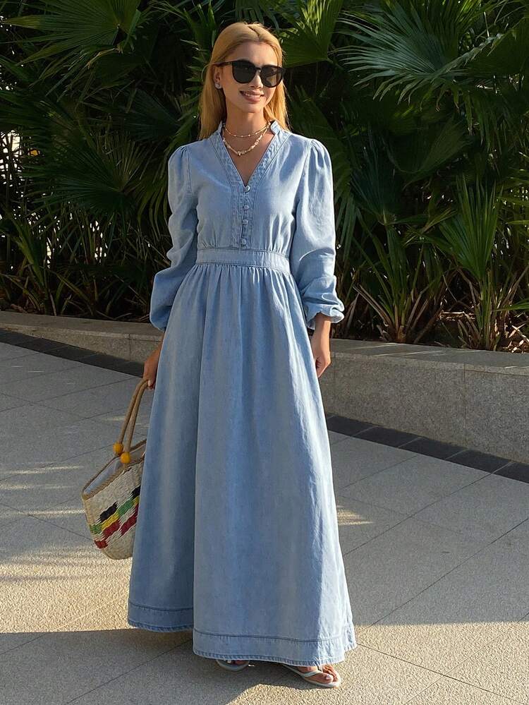 CM-DS767747 Women Casual Seoul Style V-Neck Puff Sleeve Waist Cinched Denim Dress - Blue