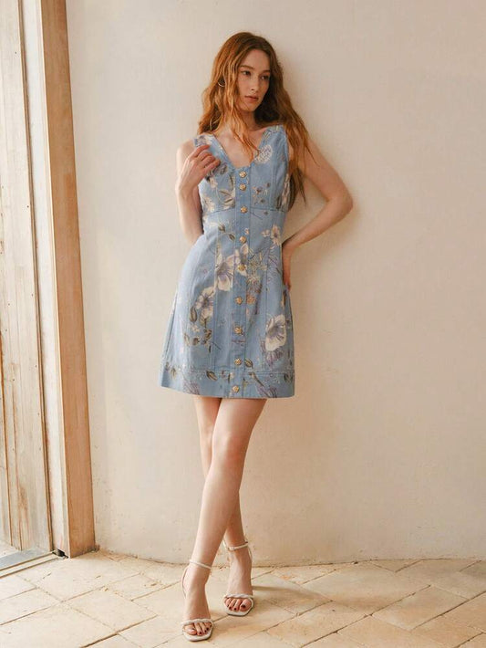 CM-DS141796 Women Casual Seoul Style V-Neck Sleeveless Floral Print Button Decor Short Denim Dress