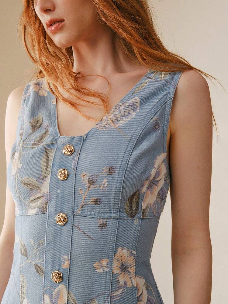 CM-DS141796 Women Casual Seoul Style V-Neck Sleeveless Floral Print Button Decor Short Denim Dress