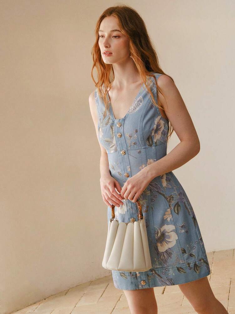 CM-DS141796 Women Casual Seoul Style V-Neck Sleeveless Floral Print Button Decor Short Denim Dress