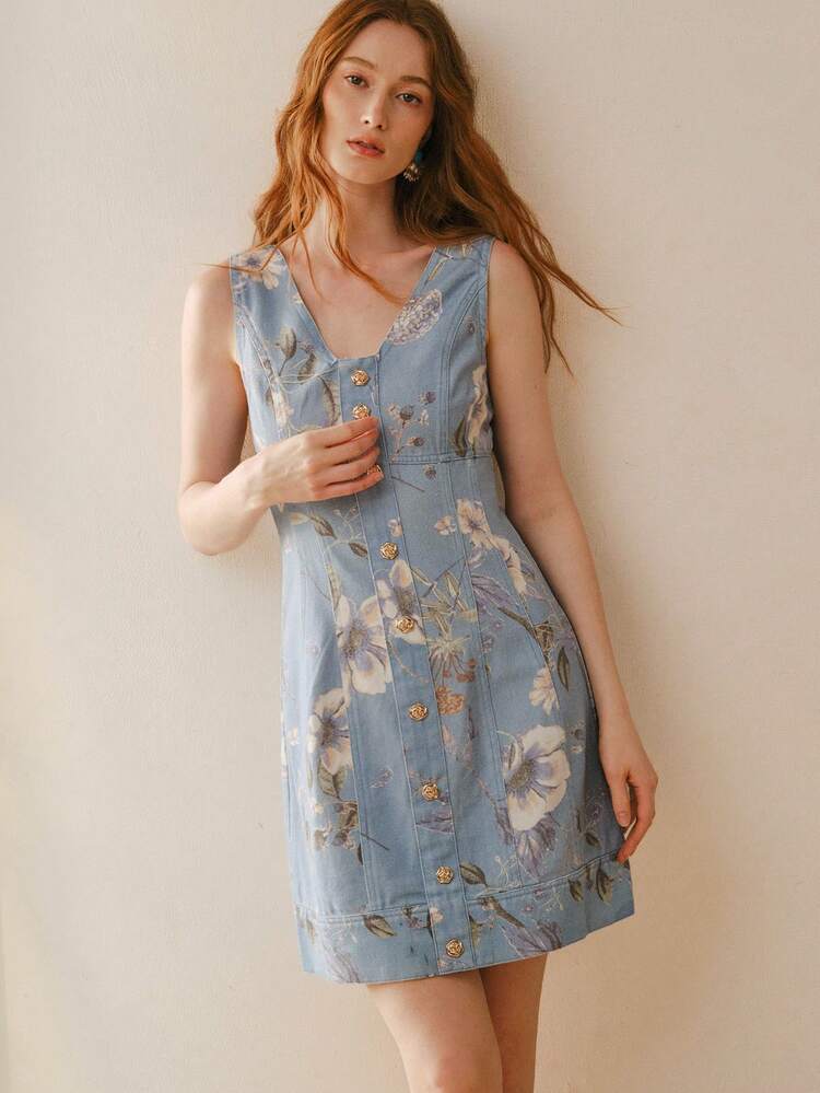 CM-DS141796 Women Casual Seoul Style V-Neck Sleeveless Floral Print Button Decor Short Denim Dress