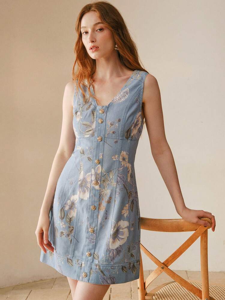 CM-DS141796 Women Casual Seoul Style V-Neck Sleeveless Floral Print Button Decor Short Denim Dress
