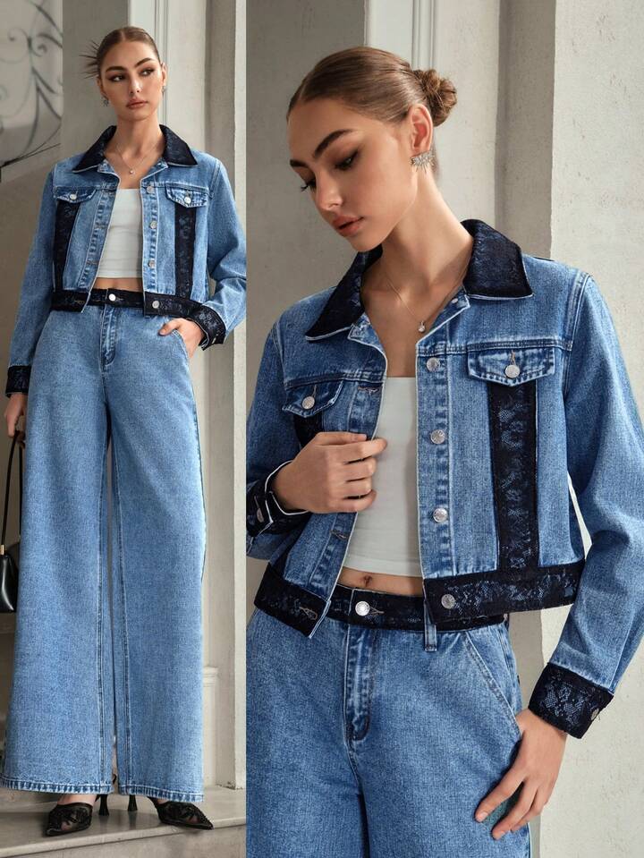CM-CS117617 Women Elegant Seoul Style Contrast Lace Collar Neckline Long Sleeve Denim Jacket - Blue