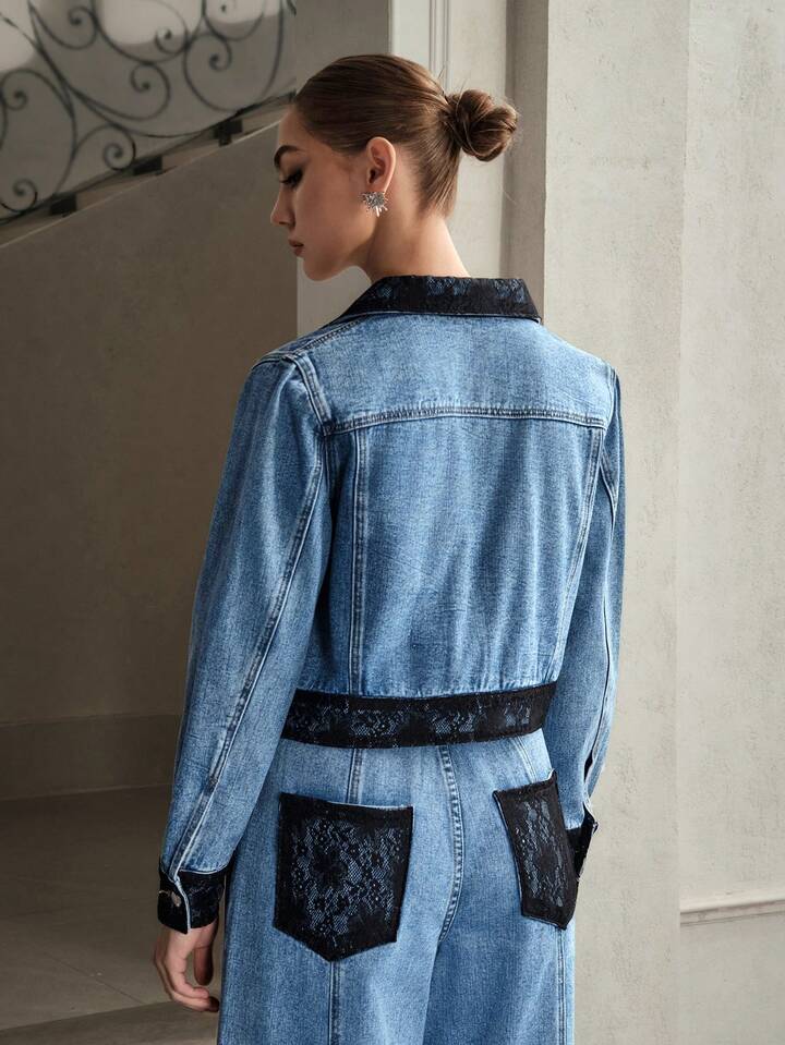 CM-CS117617 Women Elegant Seoul Style Contrast Lace Collar Neckline Long Sleeve Denim Jacket - Blue