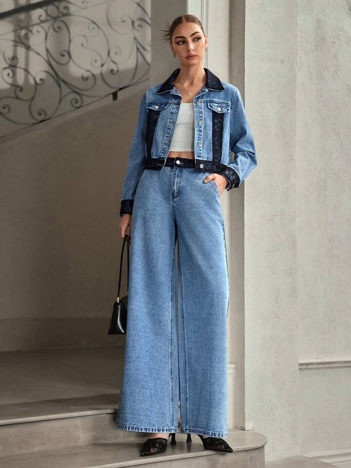 CM-CS117617 Women Elegant Seoul Style Contrast Lace Collar Neckline Long Sleeve Denim Jacket - Blue