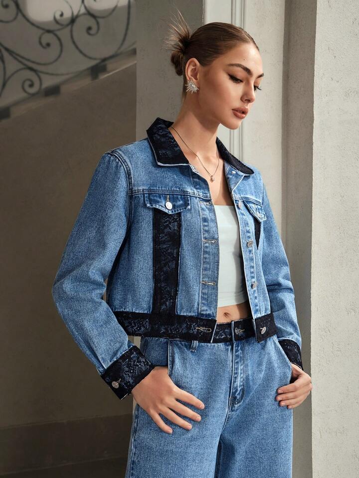 CM-CS117617 Women Elegant Seoul Style Contrast Lace Collar Neckline Long Sleeve Denim Jacket - Blue