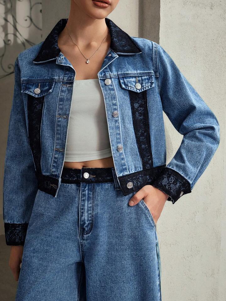 CM-CS117617 Women Elegant Seoul Style Contrast Lace Collar Neckline Long Sleeve Denim Jacket - Blue