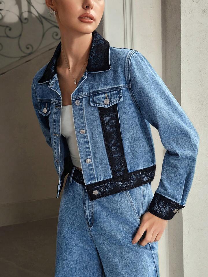 CM-CS117617 Women Elegant Seoul Style Contrast Lace Collar Neckline Long Sleeve Denim Jacket - Blue