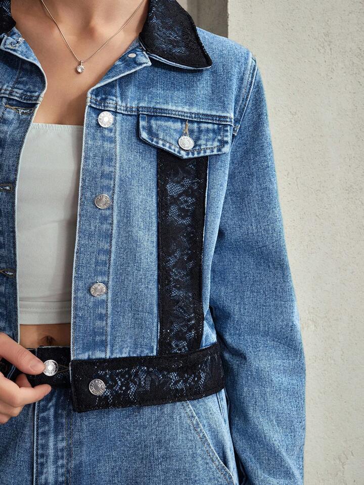 CM-CS117617 Women Elegant Seoul Style Contrast Lace Collar Neckline Long Sleeve Denim Jacket - Blue