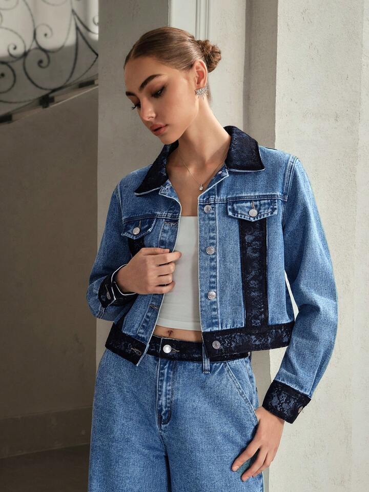 CM-CS117617 Women Elegant Seoul Style Contrast Lace Collar Neckline Long Sleeve Denim Jacket - Blue
