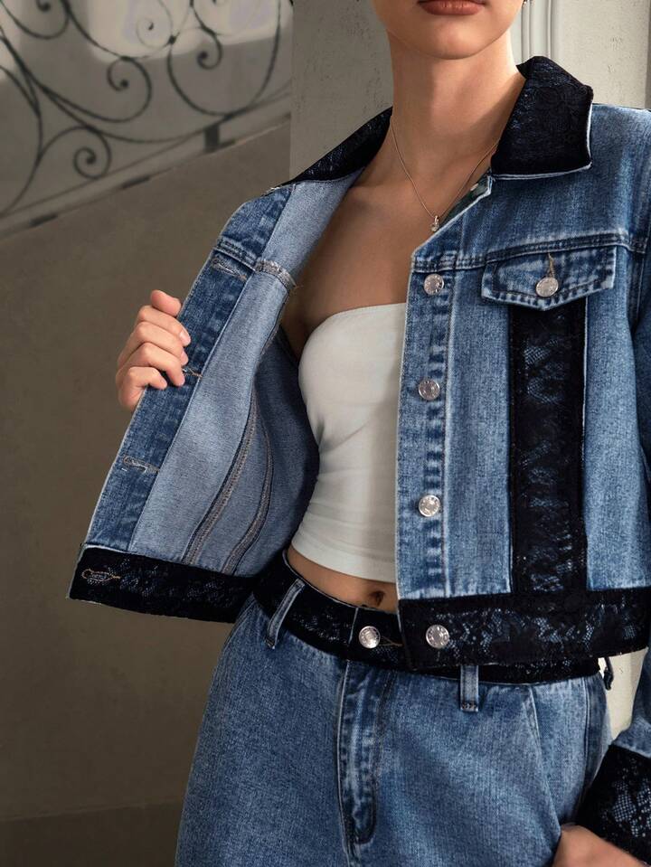 CM-CS117617 Women Elegant Seoul Style Contrast Lace Collar Neckline Long Sleeve Denim Jacket - Blue