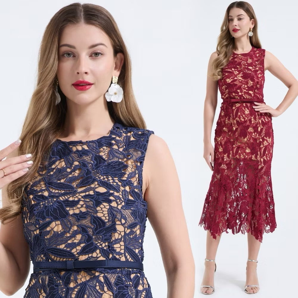CM-DY068241 Women Elegant European Style Lace Round Neck Sleeveless High Waist Mermaid Dress (Available in 2 colors)