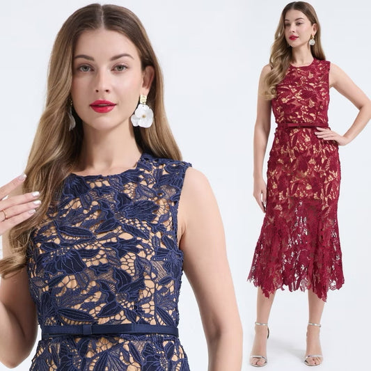 CM-DY068241 Women Elegant European Style Lace Round Neck Sleeveless High Waist Mermaid Dress (Available in 2 colors)