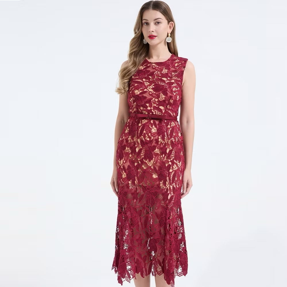 CM-DY068241 Women Elegant European Style Lace Round Neck Sleeveless High Waist Mermaid Dress (Available in 2 colors)