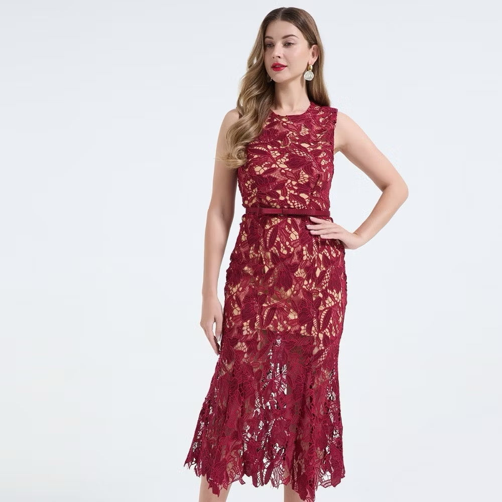 CM-DY068241 Women Elegant European Style Lace Round Neck Sleeveless High Waist Mermaid Dress (Available in 2 colors)
