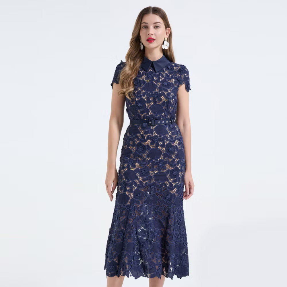 CM-DY068243 Women Elegant European Style Shirt Collar Cap Sleeve High Waist Lace Floral Fishtail Dress (Available in 3 colors)