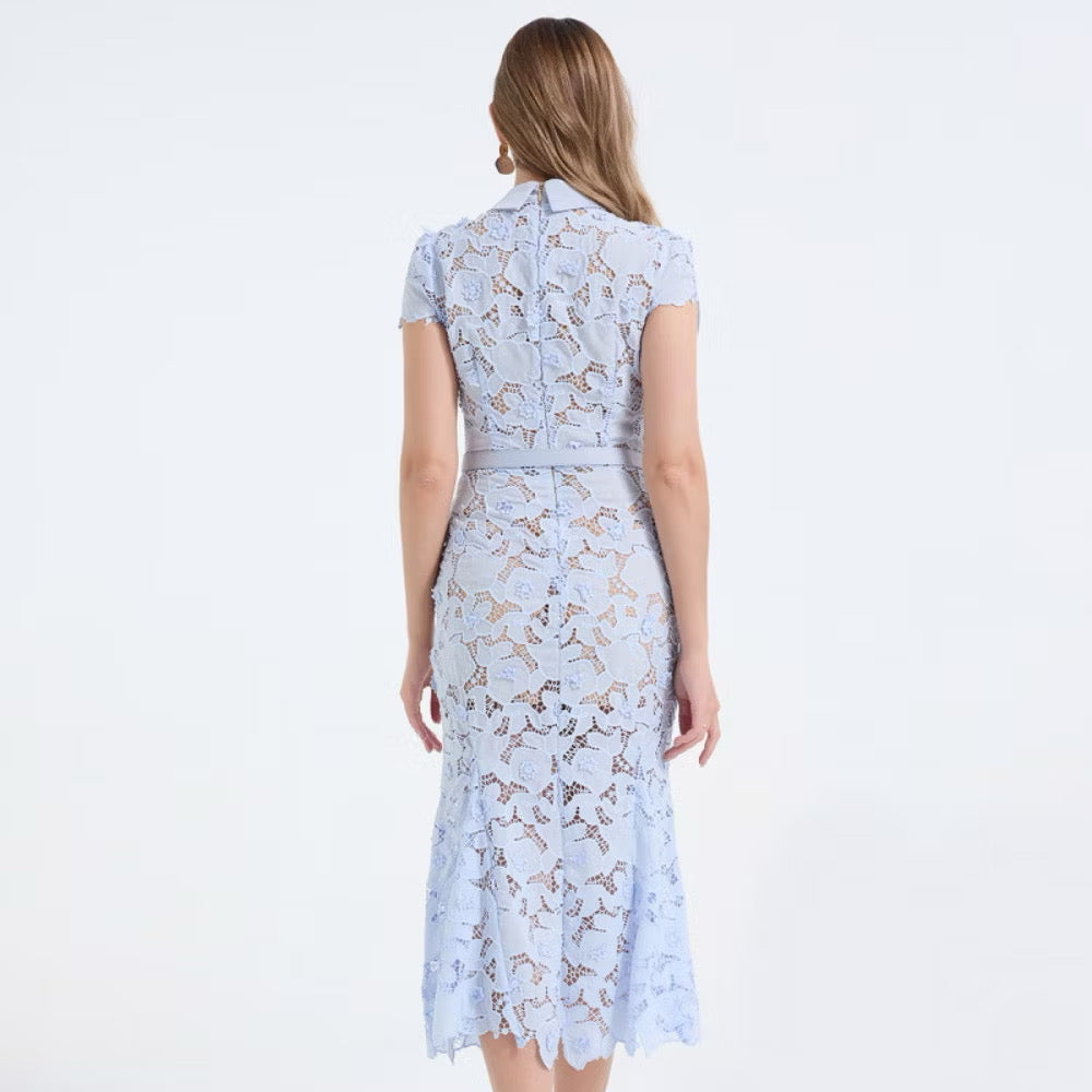 CM-DY068243 Women Elegant European Style Shirt Collar Cap Sleeve High Waist Lace Floral Fishtail Dress (Available in 3 colors)