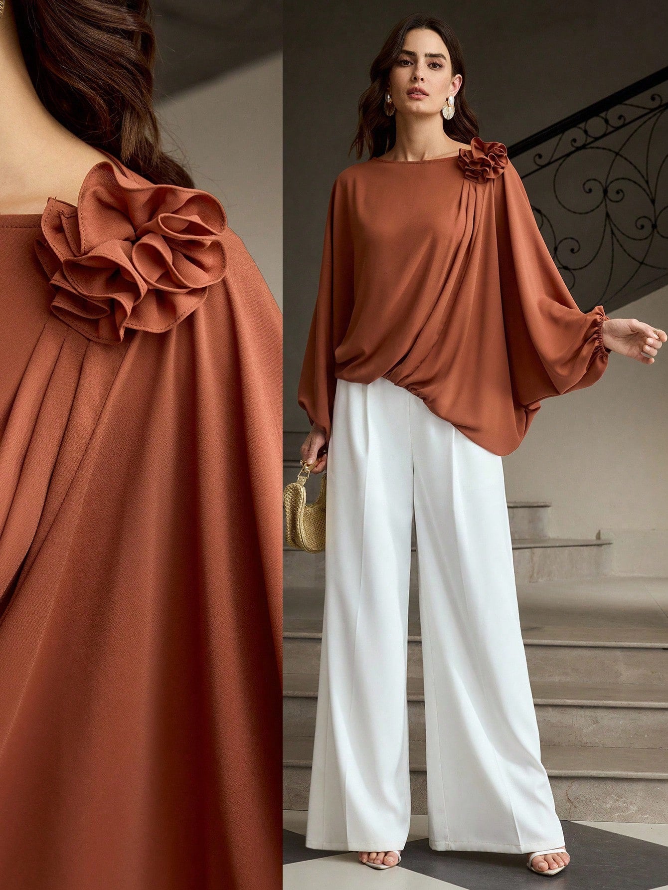 CM-TS909102 Women Elegant Seoul Style Solid Color Lantern Sleeve 3D Floral Asymmetric Hem Blouse - Coffee Brown