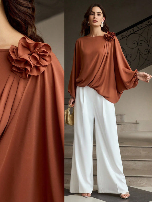 CM-TS909102 Women Elegant Seoul Style Solid Color Lantern Sleeve 3D Floral Asymmetric Hem Blouse - Coffee Brown