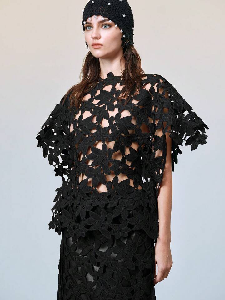 CM-TS667699 Women Elegant Seoul Style Round Neck Hollow Out Batwing Short Sleeve Sheer Top - Black