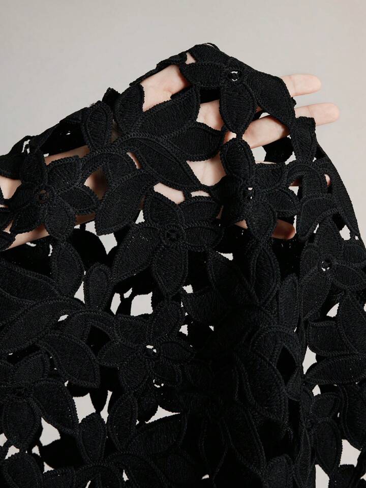 CM-TS667699 Women Elegant Seoul Style Round Neck Hollow Out Batwing Short Sleeve Sheer Top - Black