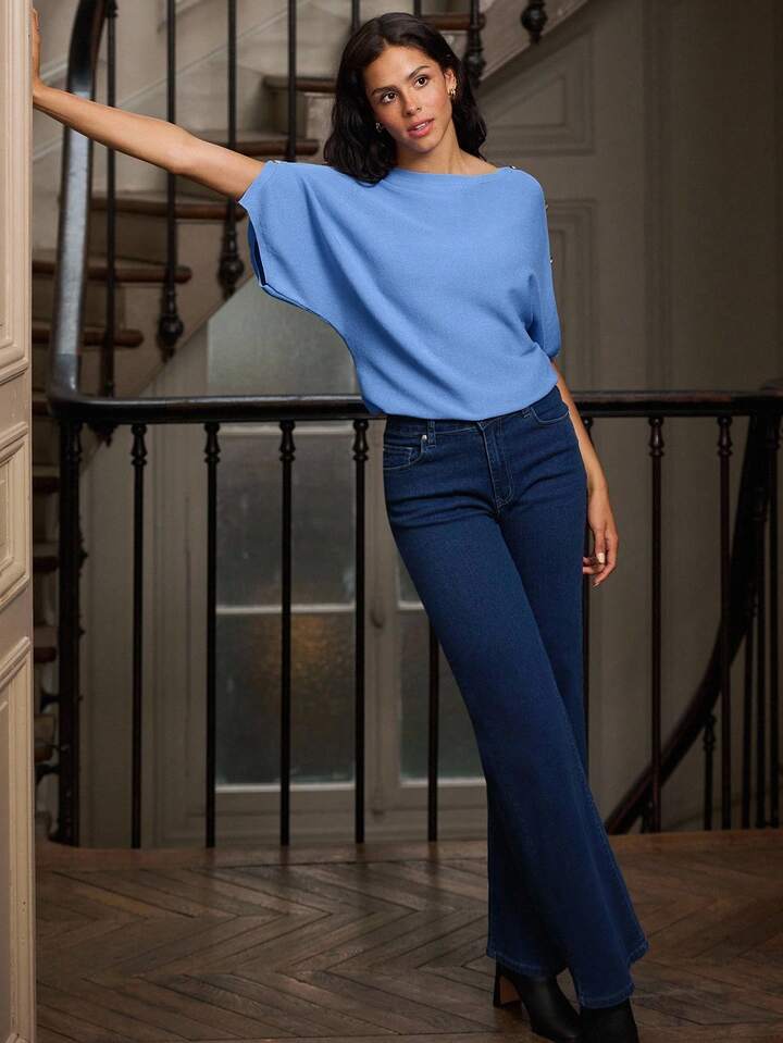 CM-TS545315 Women Casual Seoul Style Short Sleeve Knit Kimono-Style Loose Fit Top With Gold Button Shoulder Detail