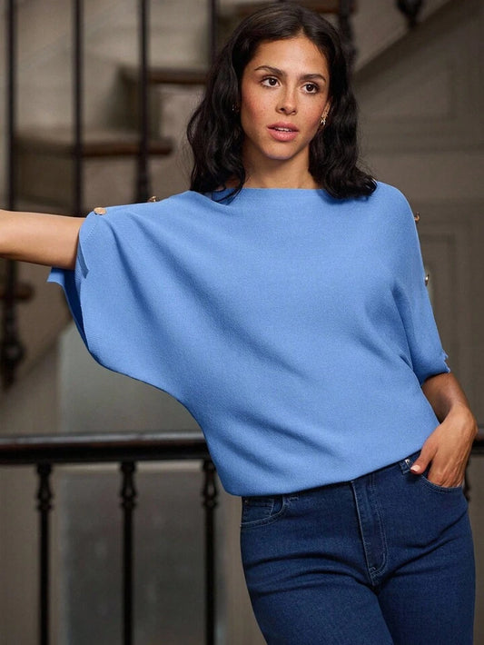 CM-TS545315 Women Casual Seoul Style Short Sleeve Knit Kimono-Style Loose Fit Top With Gold Button Shoulder Detail