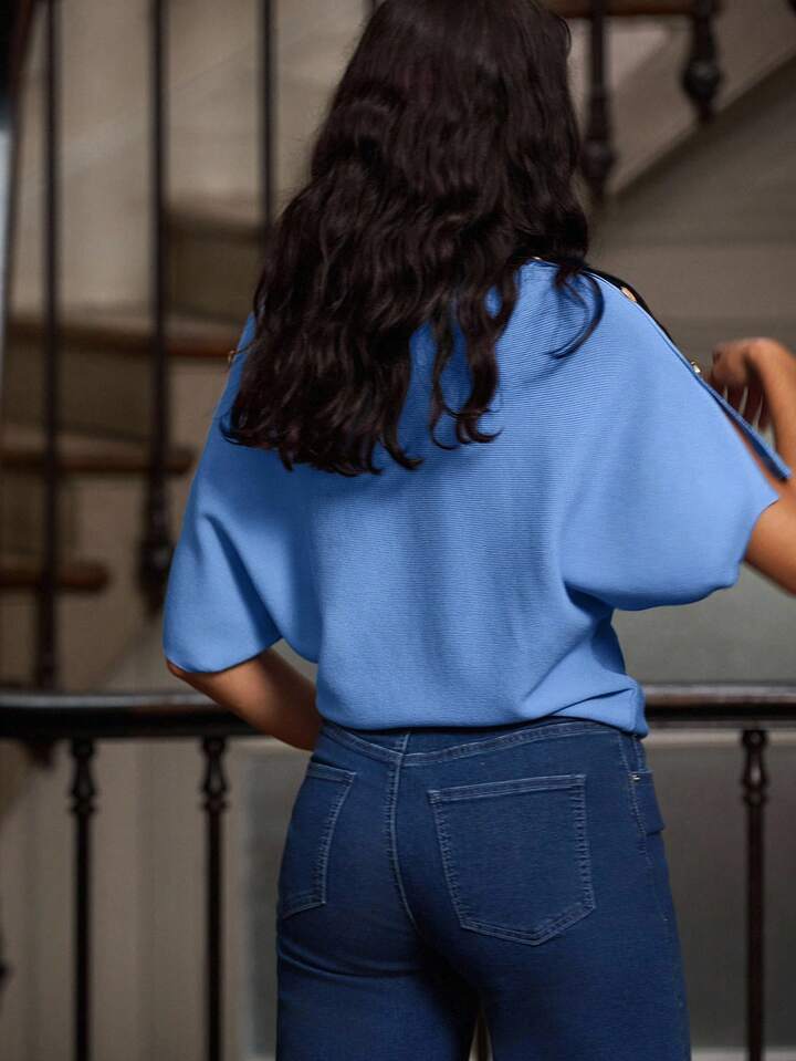 CM-TS545315 Women Casual Seoul Style Short Sleeve Knit Kimono-Style Loose Fit Top With Gold Button Shoulder Detail